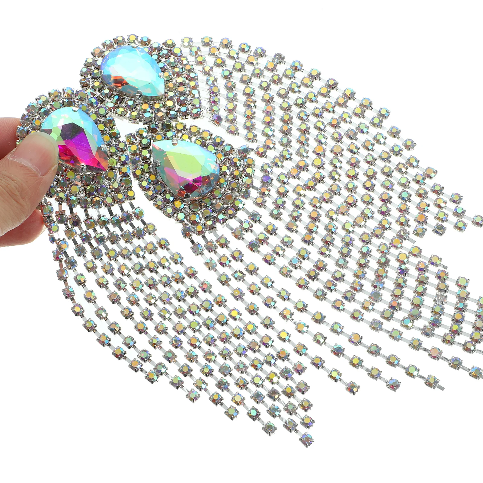 

Diamond Flower Rhinestone Brooch Silver AB Color Large Size Tassel Applique Patches DIY Sewing Suit Shoulder Decor Crystal