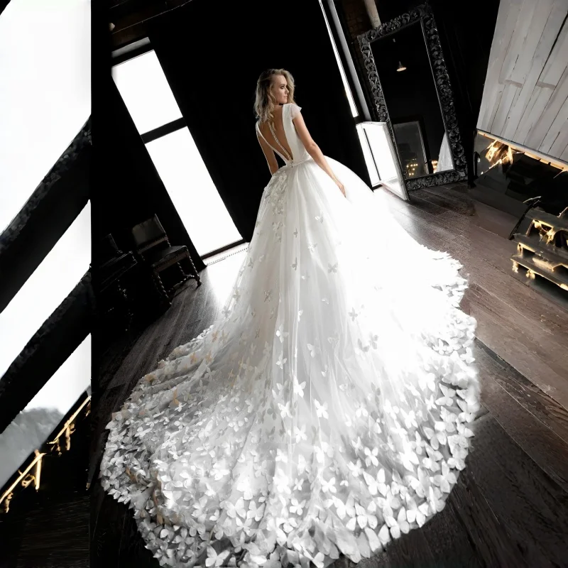 3D Butterfly Ball Gown Wedding Dress Plunging V-Neck Tulle Cap Sleeves Cathedral Train Dreamy Butterfly Bridal Gown Customizable