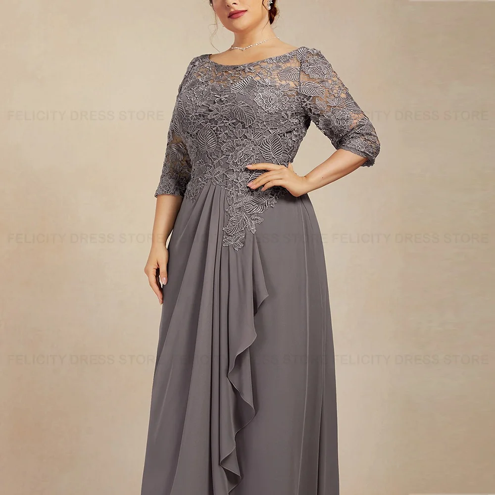 Plus Size Elegant Mother of the Bride Dresses 2023 A-line Scoop Chiffon Lace Ruffle Women Wedding Guest Dress فستان حفلات الزفاف