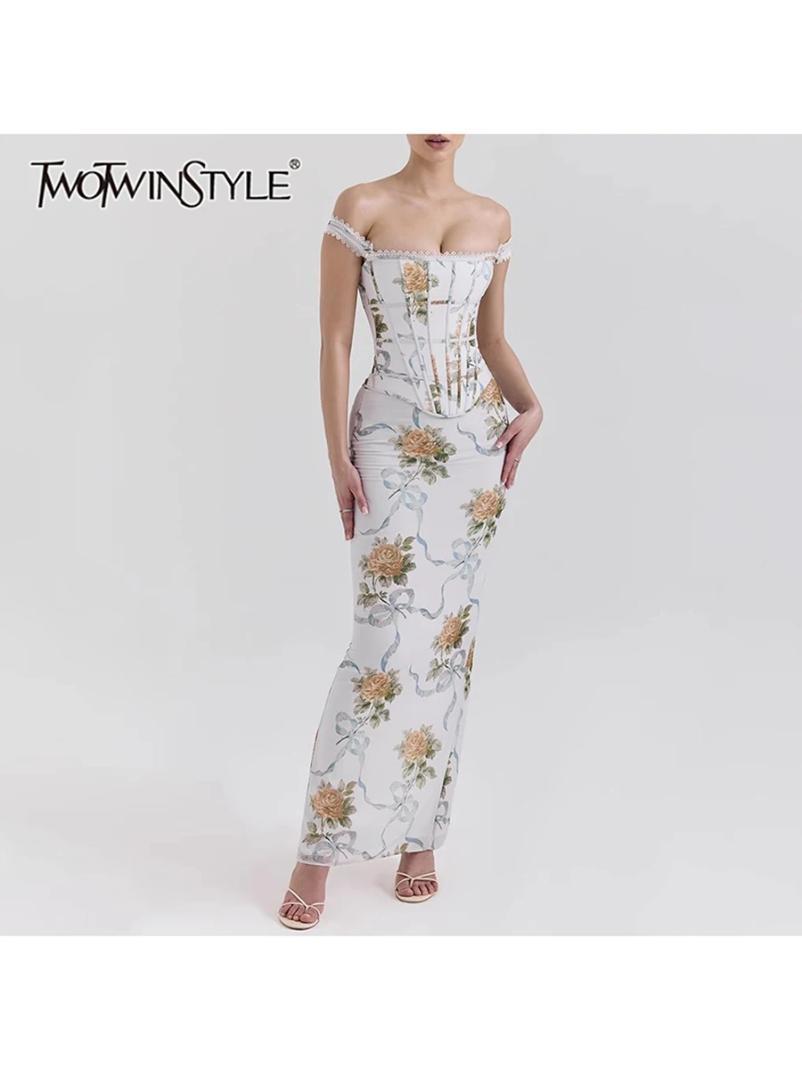 

TWOTWINSTYLE Hit Color Slimming Dresses For Women Square Neck Sleeveless High Waist Temperament Long Dress Female Fashion Style