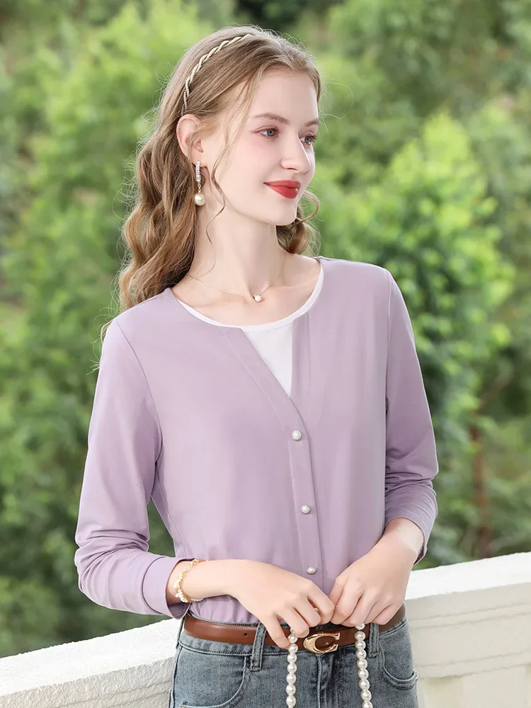 I BELIEVE YOU Fall Clothes 2024 Women Knitted Shirt Purple T Shirt Soild Casual O-neckoffice Lady Long Sleeve Tops 2243015797