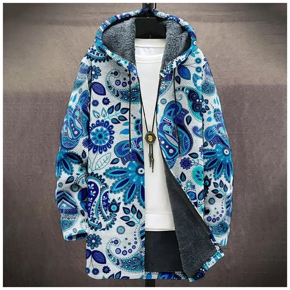 Men Cardigans Coats Cashew Flower Pattern Art Graphics Printed Plush Thick Winter Casual Streetwear Unisex Women Clothing