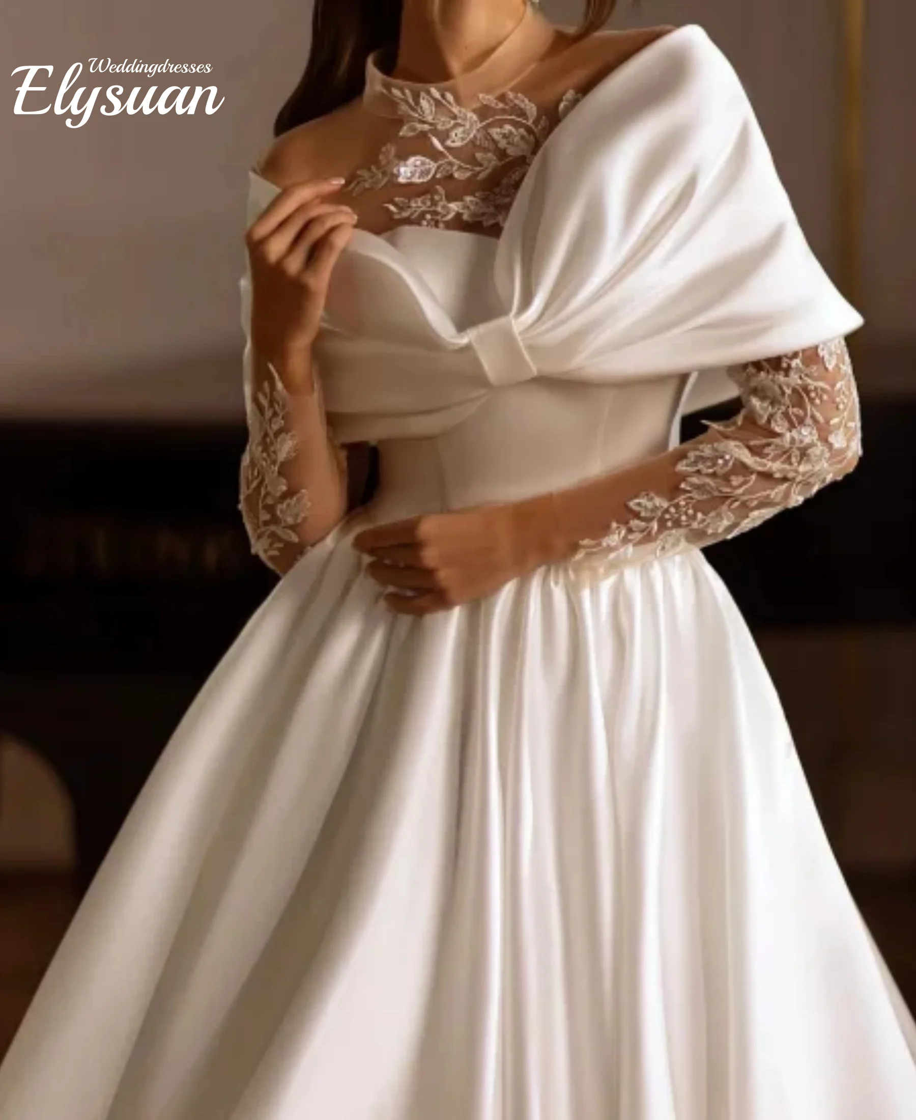 

Customized Vintage Satin Lace Wedding Dress A-Line Long Sleeves Bude Sheer Bride Dress 2 Piece High Neck Wedding Gowns Vestidos