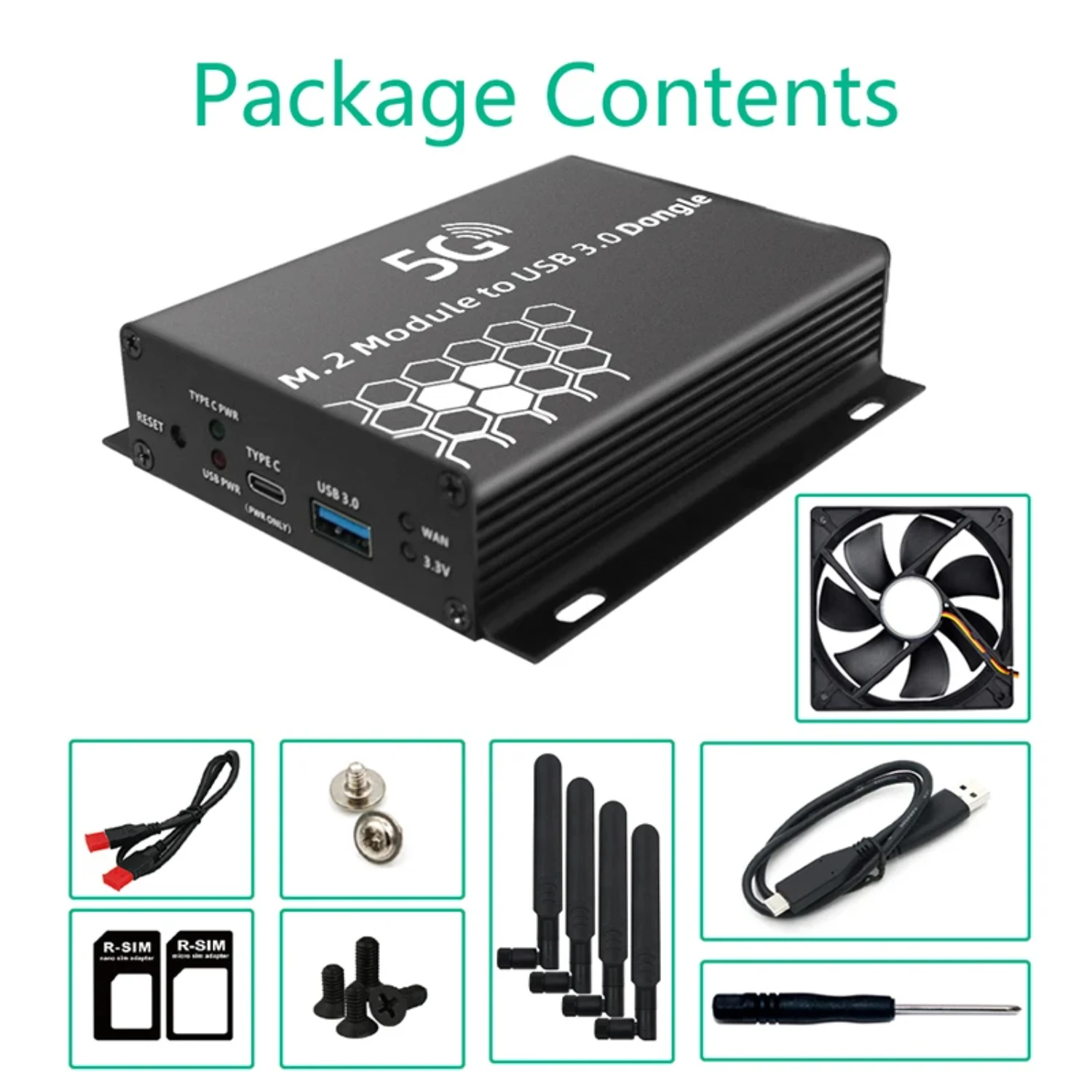 M.2 NGFF 4G/5G Module to USB 3.0 Adapter M2 Wifi Wireless Card Converter Riser Board with 4 Antenna Cooler Fan SIM Card Slot