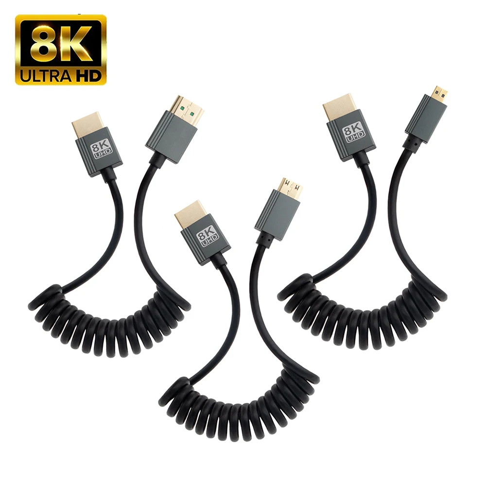 Portable 8K UHD Cable Standard HD Mini-HD Micro-HD Stretch Spring Curl Flexible HD2.1 Cord for PC Tablet DV Camera Monitor HDTV