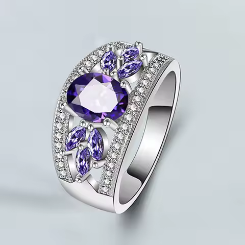 Fashion 925 Sterling Silver Female Rings Flower Shaped Amethyst Wedding Silver Ring for Women Girls Nice Gift for Birthday
