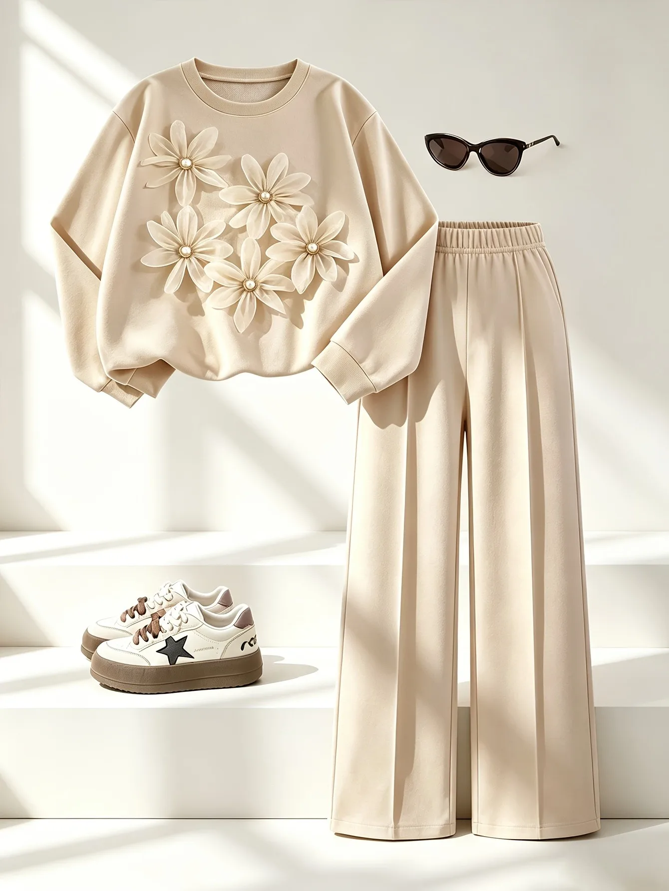 Cozy Girls Apricot 2 Piece Set 3D Pearl Flower Crew Neck Sweatshirt Wide Leg Pants Minimalist Casual Soft Outfit For 4-12Y