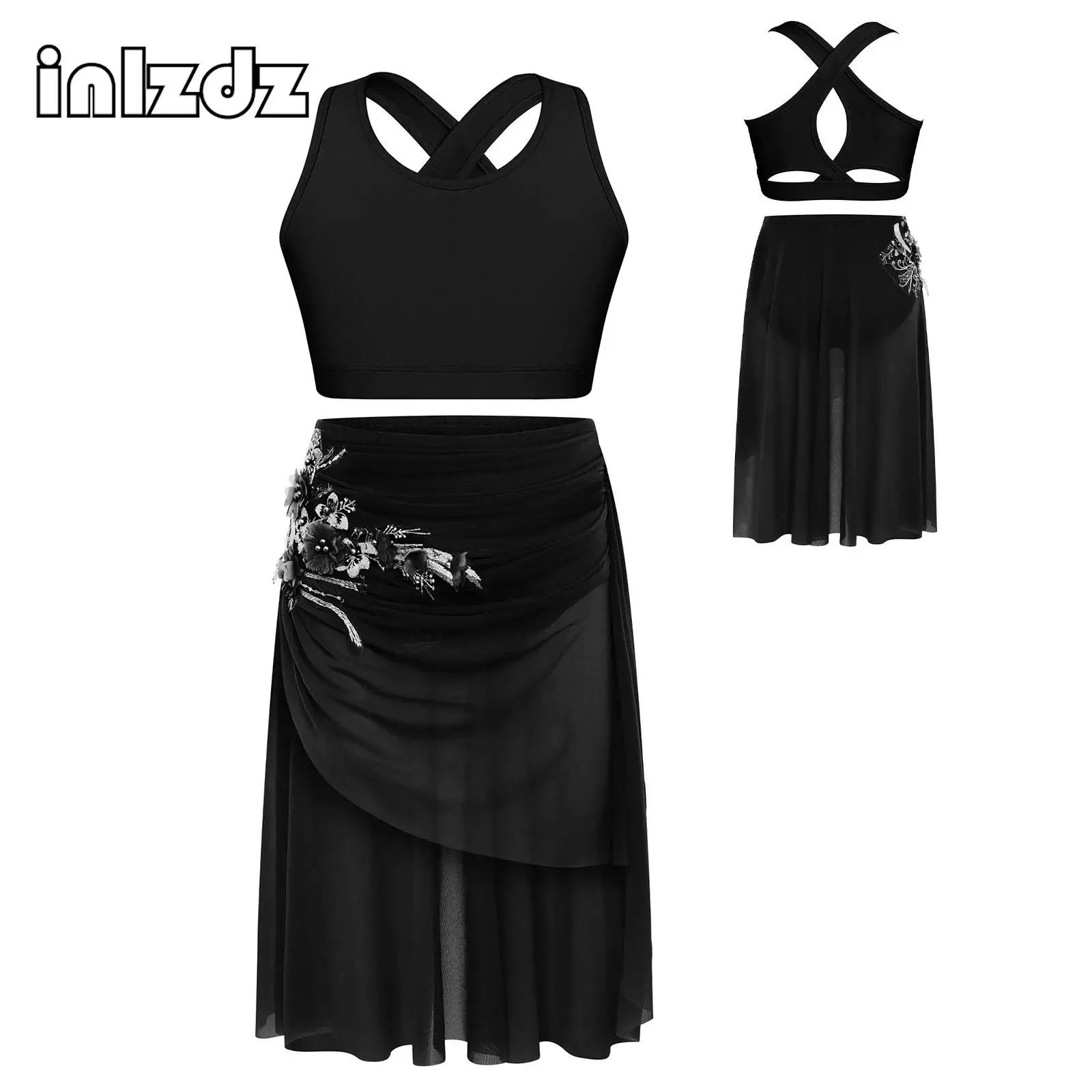 

Kids Girls Lyrical Contemporary Dance Outfit Sleeveless Tops with Applique Skirts 2-piece Sets for Dance Party Stage Performance