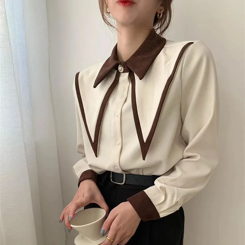 Lucyever Korean Office Lady Blouses Vintage Patchwork Long Sleeve Chiffon Shirts Women Elegant Turn Down Collar Loose Blusas Top