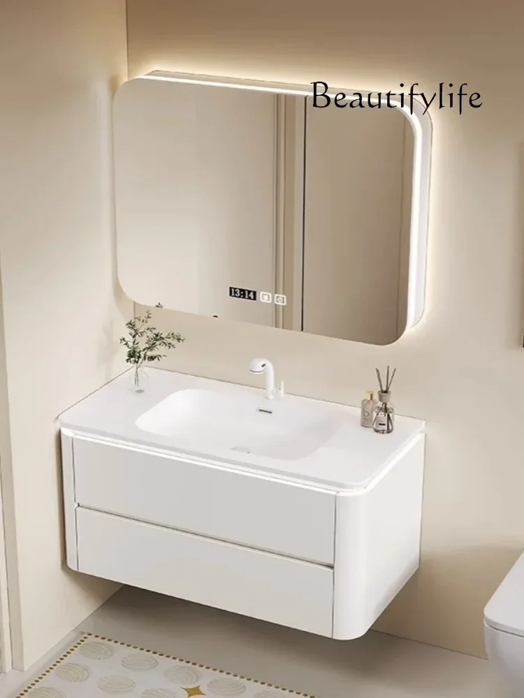 N Skin Sense Integrated Basin Bathroom Cabinet Oak Washstand Combined Wash Pool Ceramic Integrated Basin Mirror Cabinet