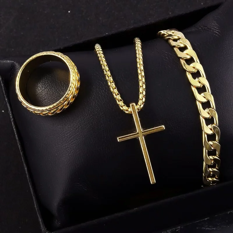 3pcs/set Punk Black Cross Pendant Necklace Thick Chain Bracelet Ring Fashion Jewelry Sets Men for Autumn