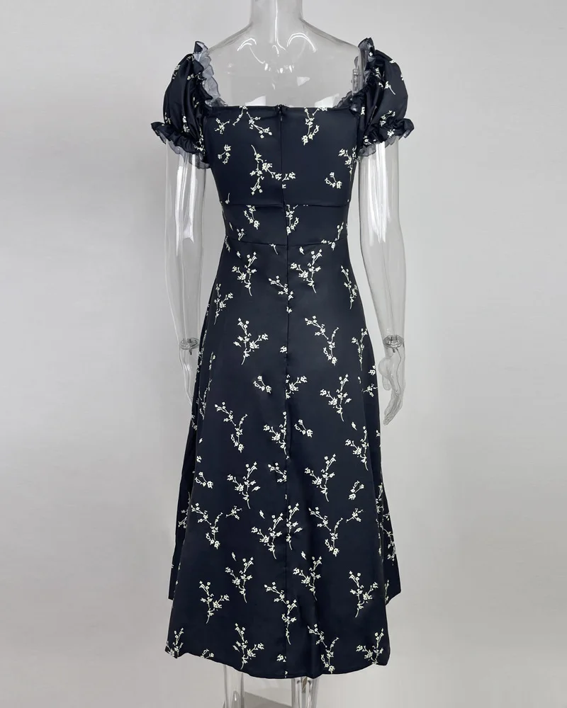 SKMY 2025 เสื้อผ้าผู้หญิงใหม่เซ็กซี่Elegantแยกชุดแฟชั่นดอกไม้พิมพ์ปิดไหล่SlashคอชุดMidi