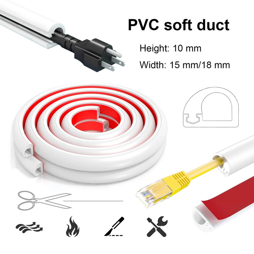 

1M PVC Flexible Cable Raceway, Self-Adhesive Wall Cord Cover, Extension Cord Concealer, Wire Hider and Protector Management