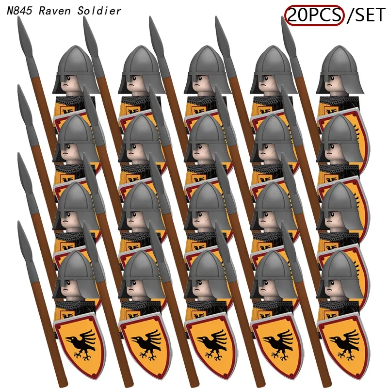 20PCS MOC warrior and knight castles in the middle ages, soldiers, horses, snakes, shields, swords, spears, military accessories