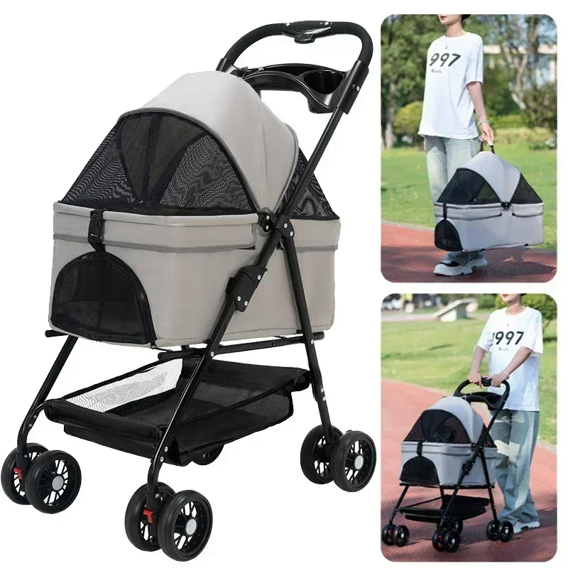 

Compact 4-Wheel Pet Stroller for Dogs & Cats, Adventure-Ready Travel Cart with Spacious Storage Basket