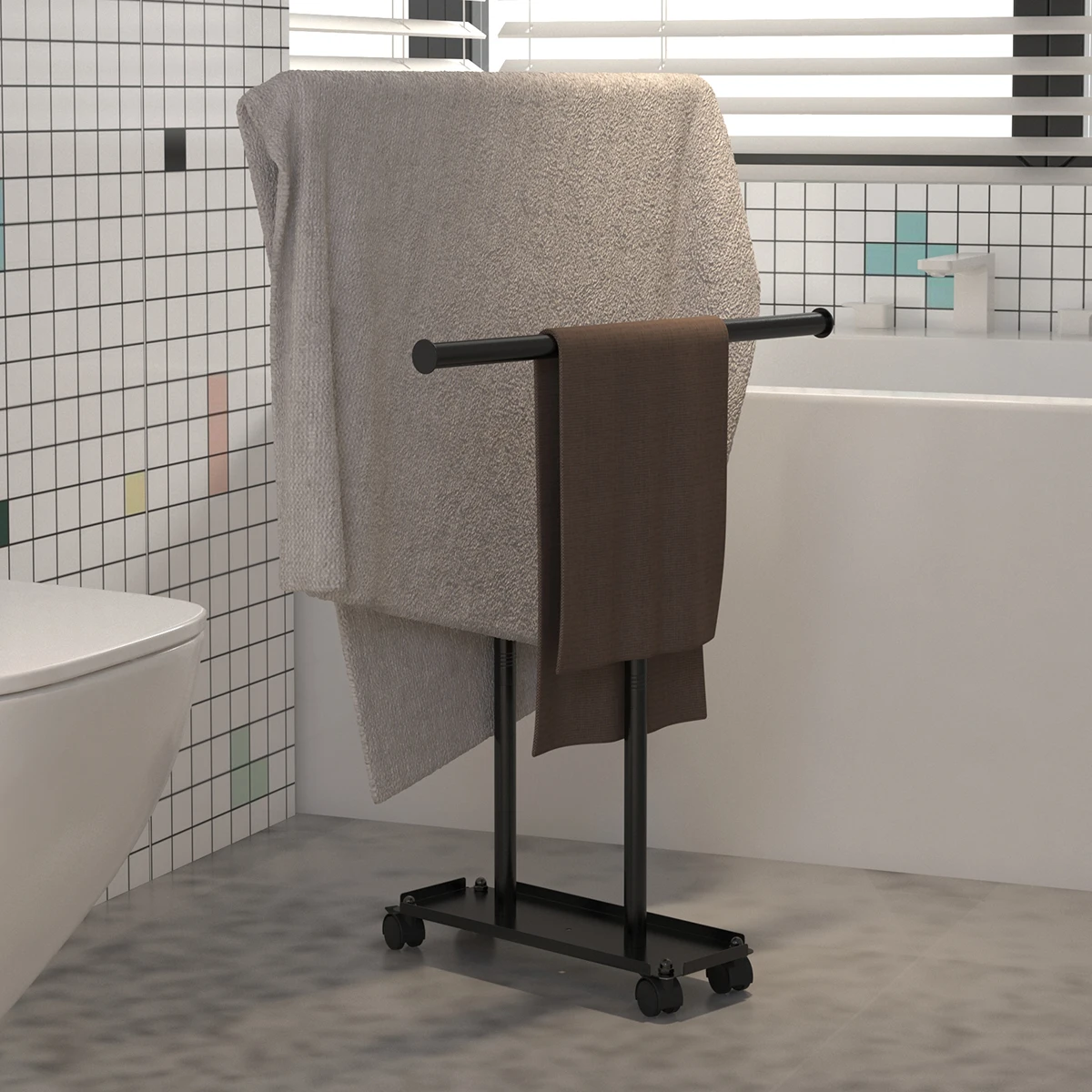 

Bathroom towel rack, wheeled movable towel and bathrobe rack with storage space at the bottom, large capacity tissue rack