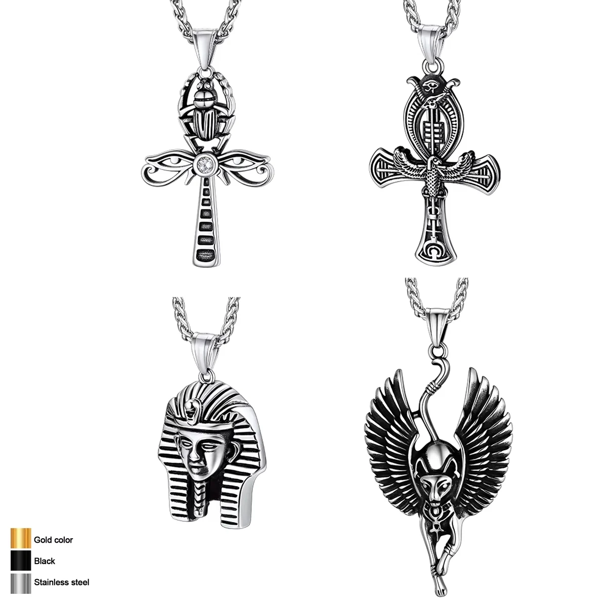 U7 Ancient Egyptian Ankh Necklaces Stainless Steel Eagle Ankh Cross Bastet Anubis Pharaoh Pendant Gothic Jewelry