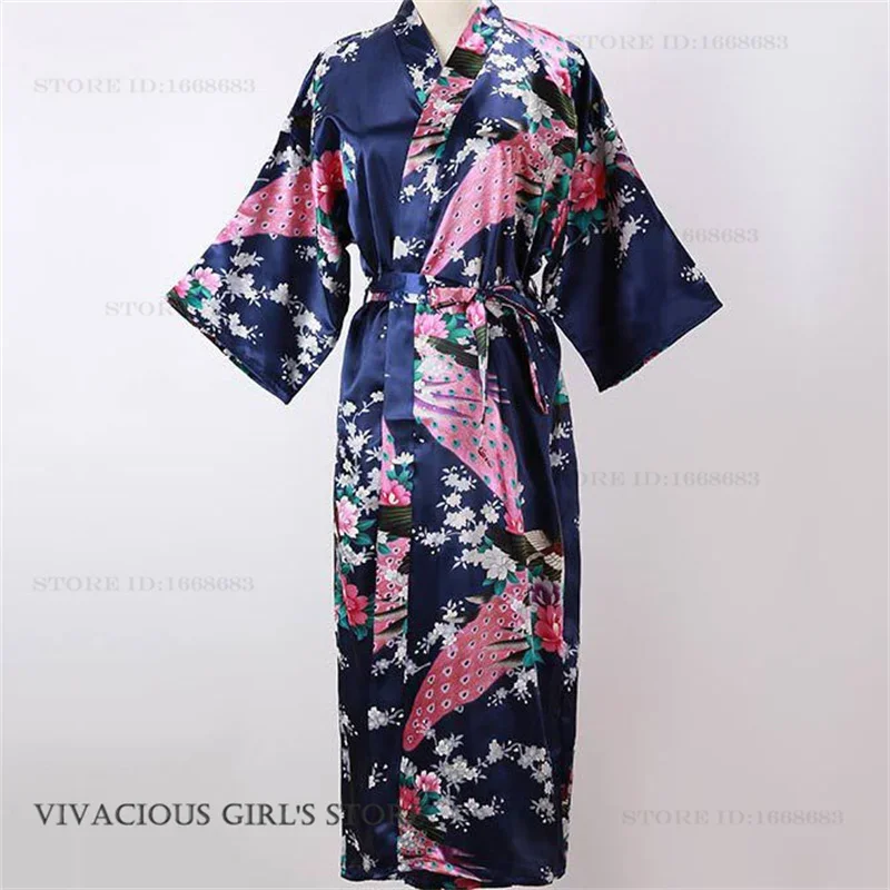 

Large Size Women's Long Robe Kimno Bathrobe Gown Print Flower Nightwear Home Dress Spring Summer Silk Satin Sleepwear Loungewear