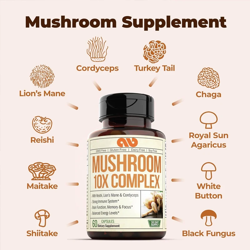 10 in 1 Mushroom Powder Supplement - Mushroom Compound Capsules are used for immune support and energy. 60 capsules