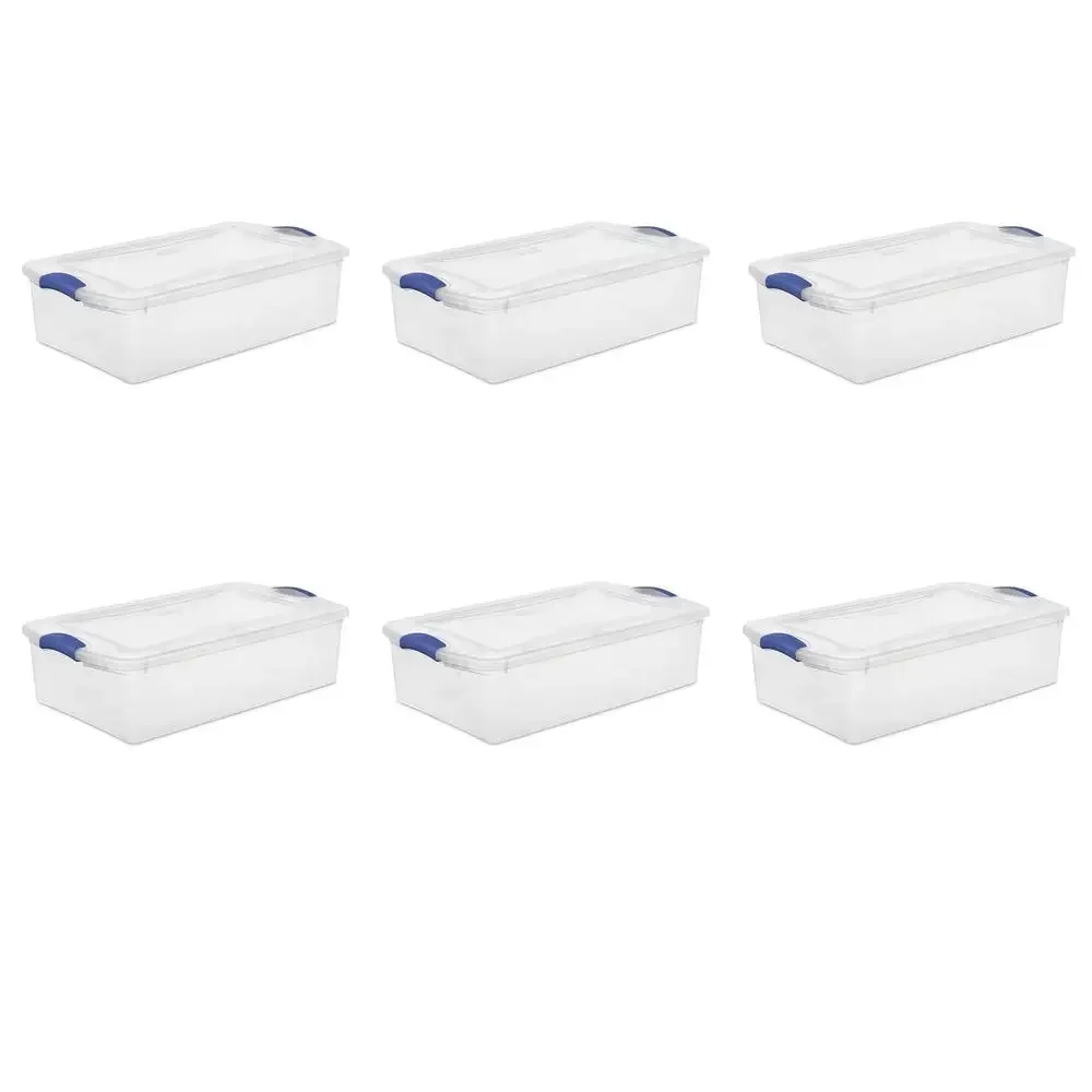 Plastic Latch Box Set of 6 Stadium Blue 32 Qt. Storage Solution Stackable Underbed Organizer Ideal Linens Towels Clothing. Clear