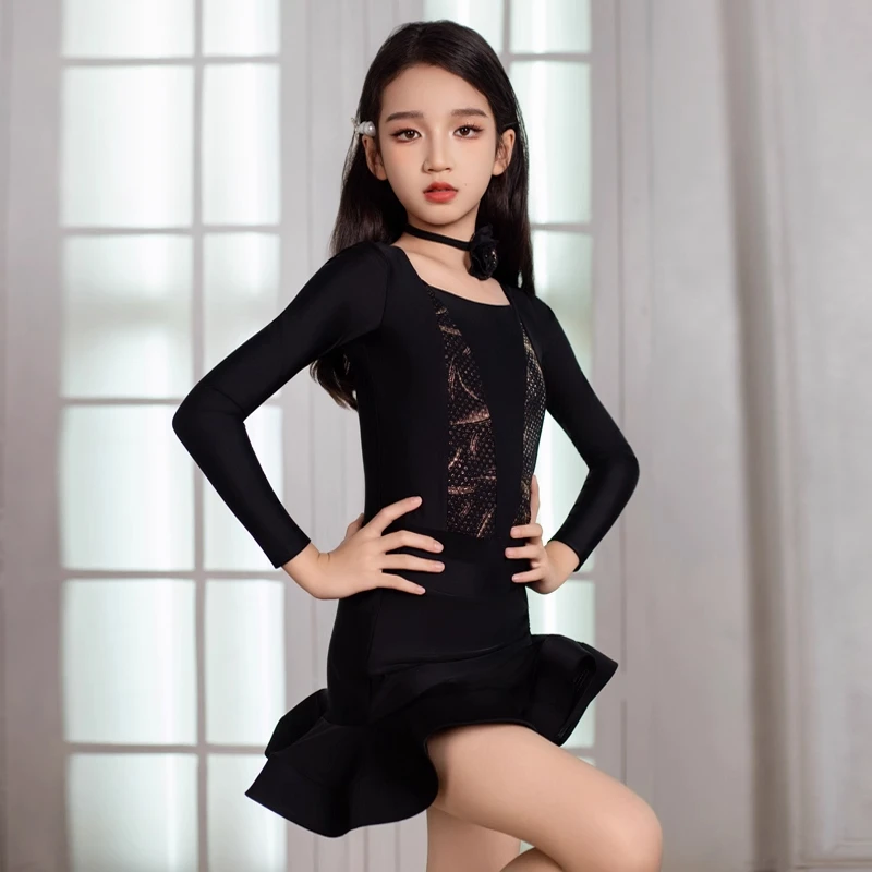 2025 neue Laitn Tanz Kleid Mädchen Schwarz Dance Performance Anzug Langarm Trikot Rock Set Cha Cha Rumba Training Kleidung 2732