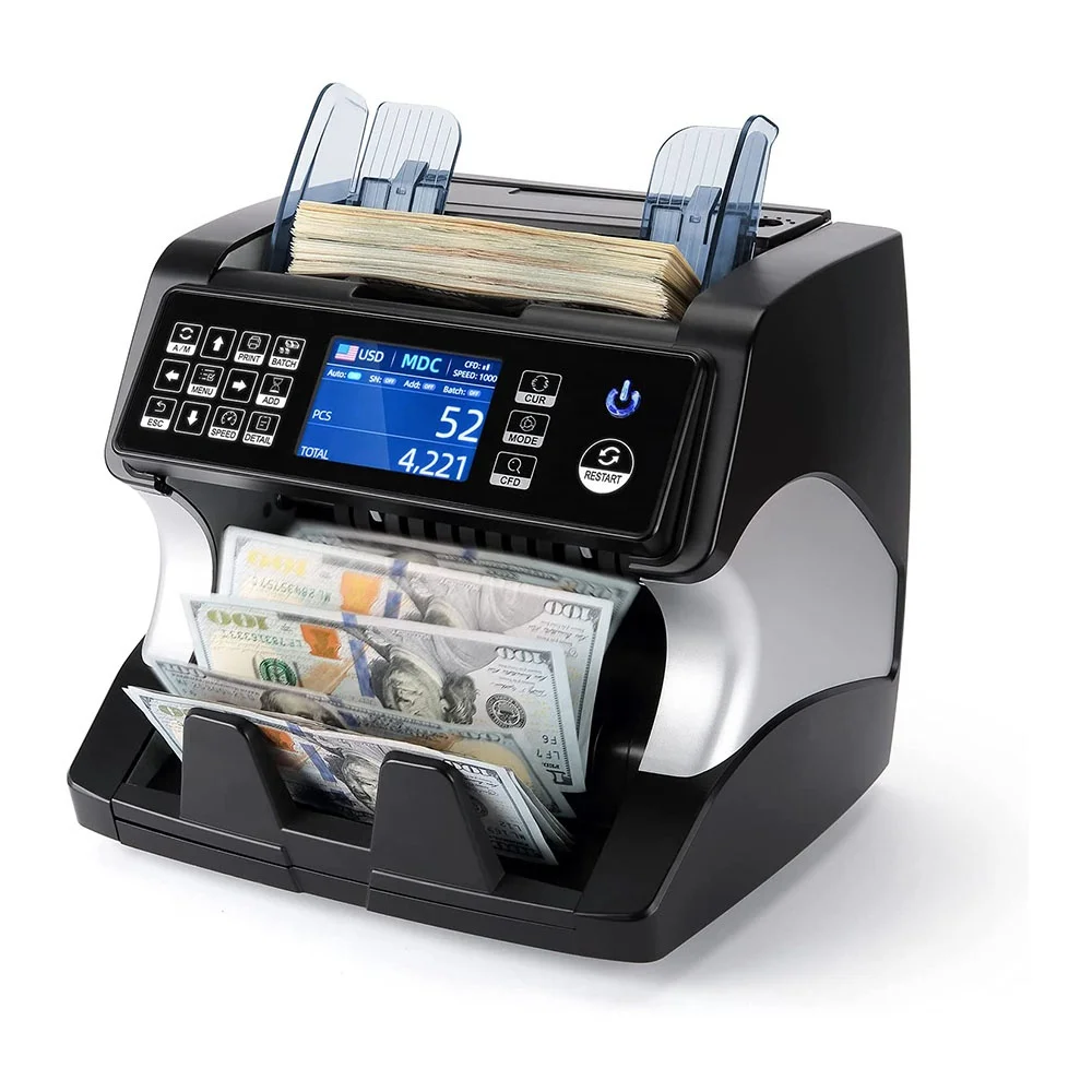 v Ce Rohs-Zulassung, tragbare Rechnungszählermaschine, Banknotensortierer mit zwei Taschen, Rechnungszähler für mehrere Währungen, gemischte Bargeldzählung