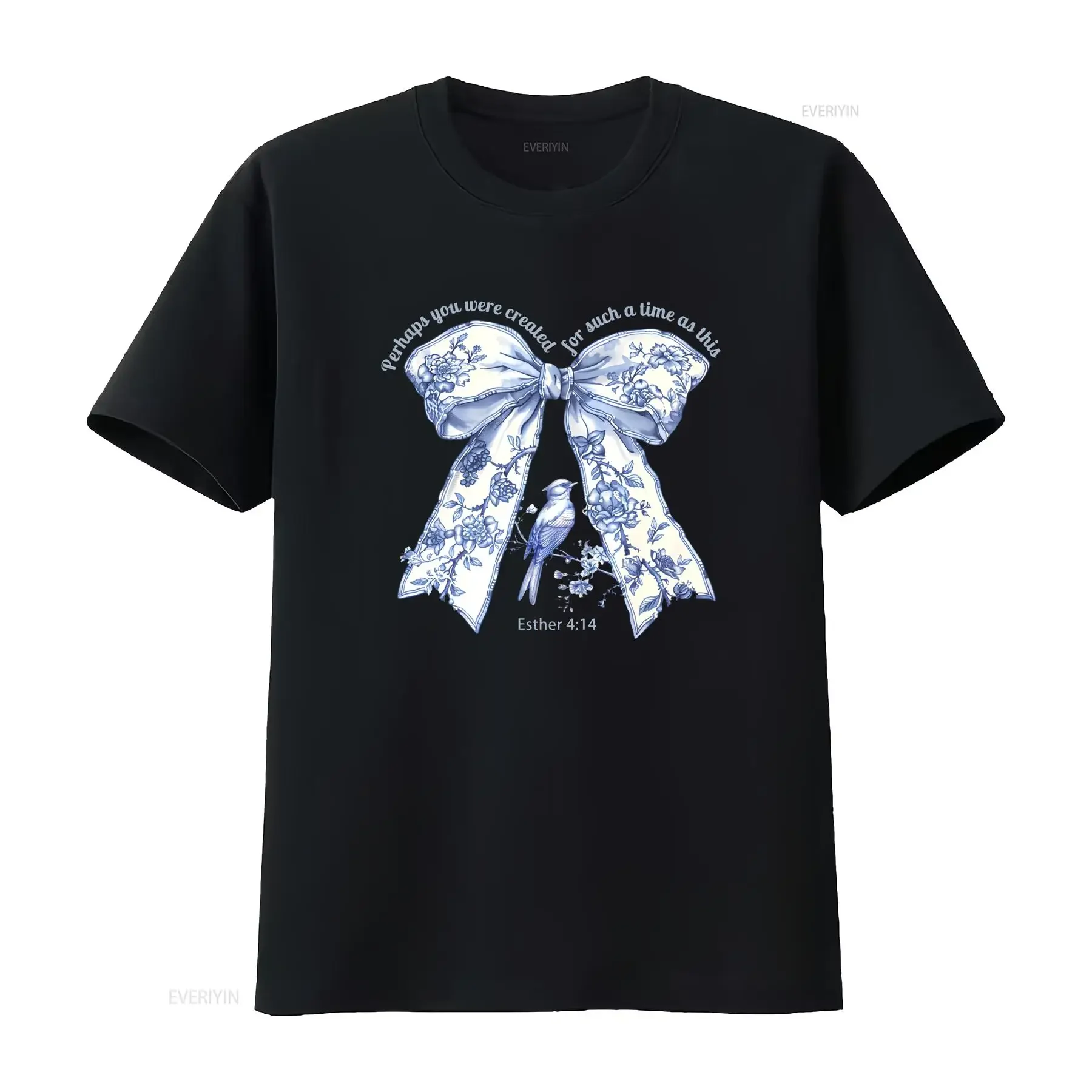 Vintage Chinoiserie Blue White Bow Knot Floral Bird Christian Bible Verse Esther 4 14 Print Casual T Shirt vintage Washed
