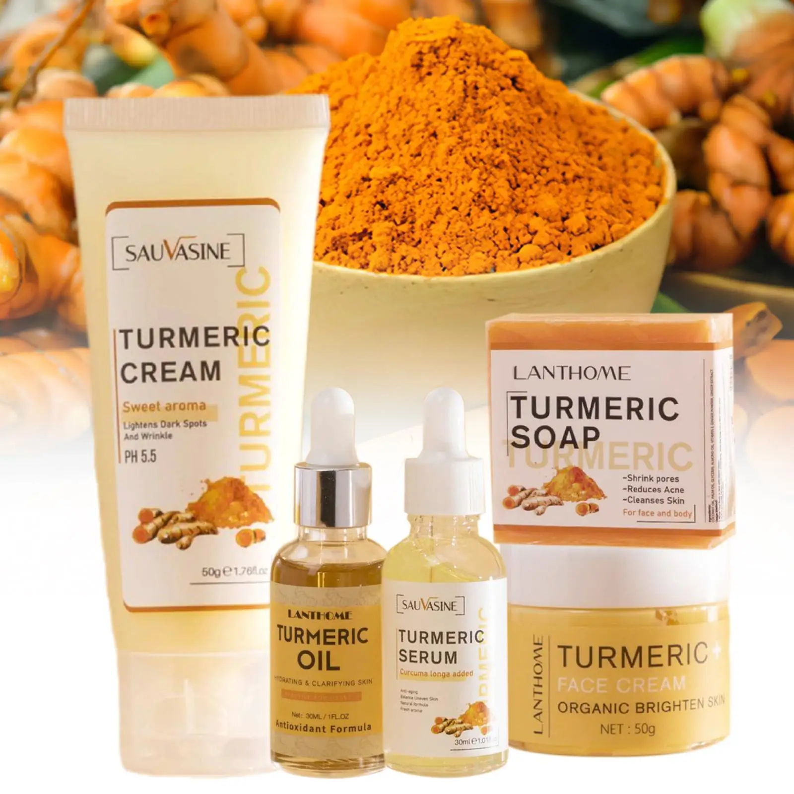 

5pcs Turmeric Skin Care Sets Natural Facial Acne Cleansing Fade Dark Spots Moisturizing Anti-Aging Skin Serum Cream Turmeri I8C5