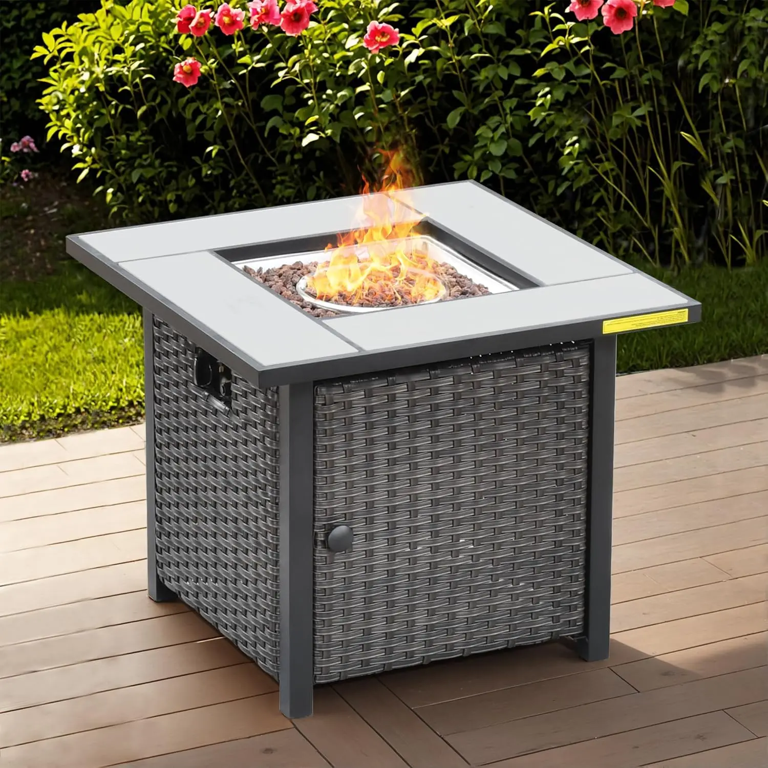 

30in Square PE Rattan Fire Pit Table 50000BTU Ceramic Top Waterproof Cover Steel Lid Lava Rock Outdoor Patio Customized