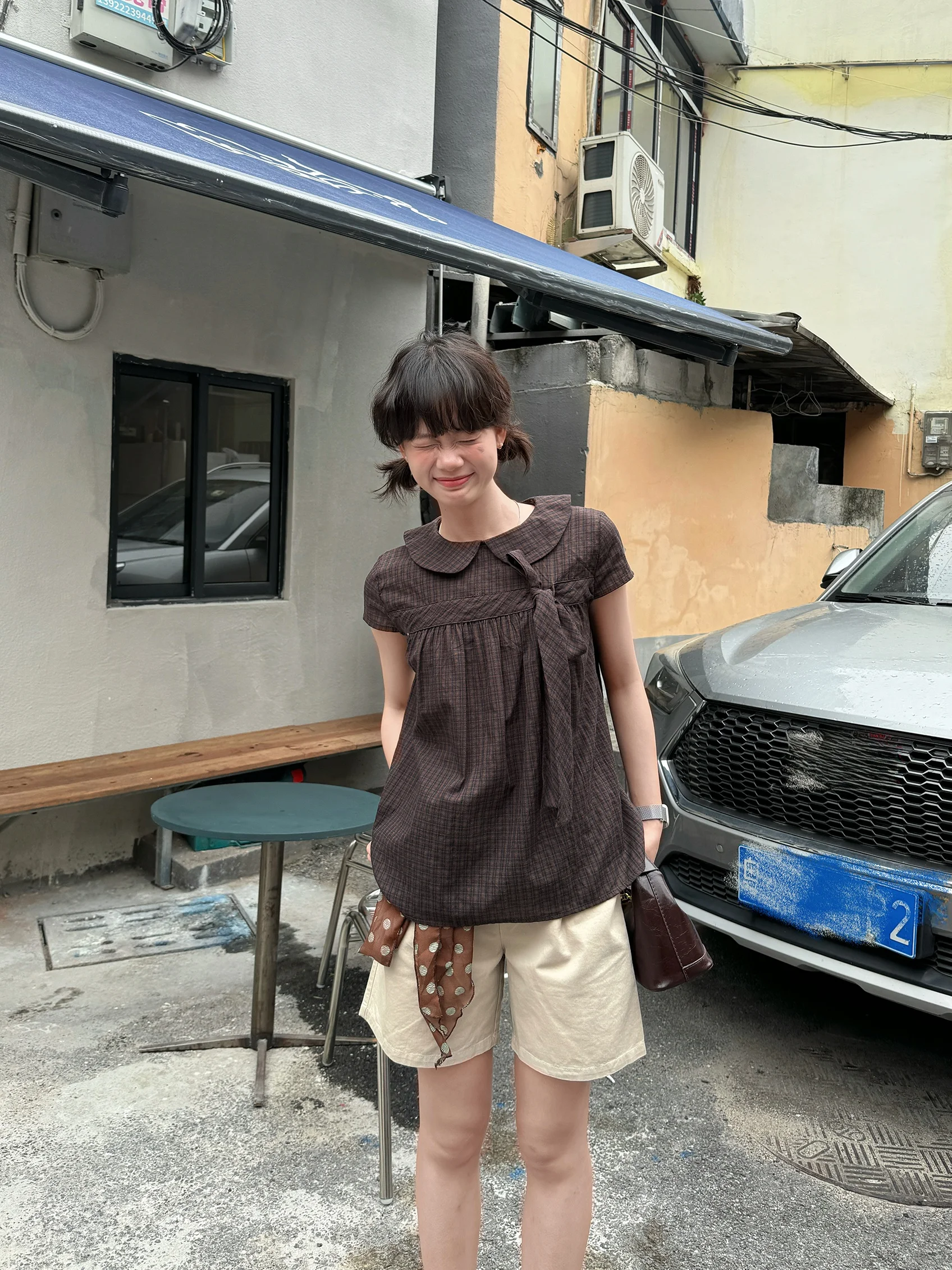 คอตตอนสวีท โนตตุ๊กตาคอปกลายสก๊อตหรือเสื้อทรงสลิมมิ่งย้อนยุคอเนกประสงค์สำหรับหญิงสาวในฤดูร้อน