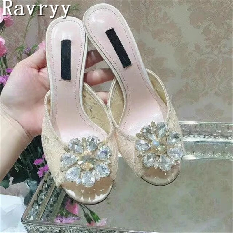 Rhinestone Flowers Lace Slippers Female Summer New Fashion Peep Toe Thin High Heel Sandals Outside Lady Crystal Half Slipper