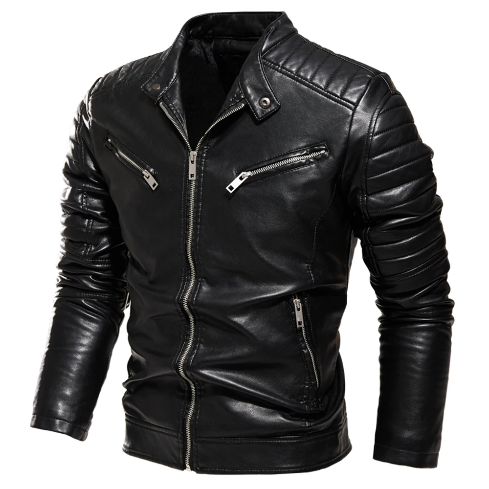 

Nice Winter Black Leather Jacket Men Fur Lined Warm Motorcycle Jacket Slim Street Fashion BLack Biker Coat Pleated Design Zipper