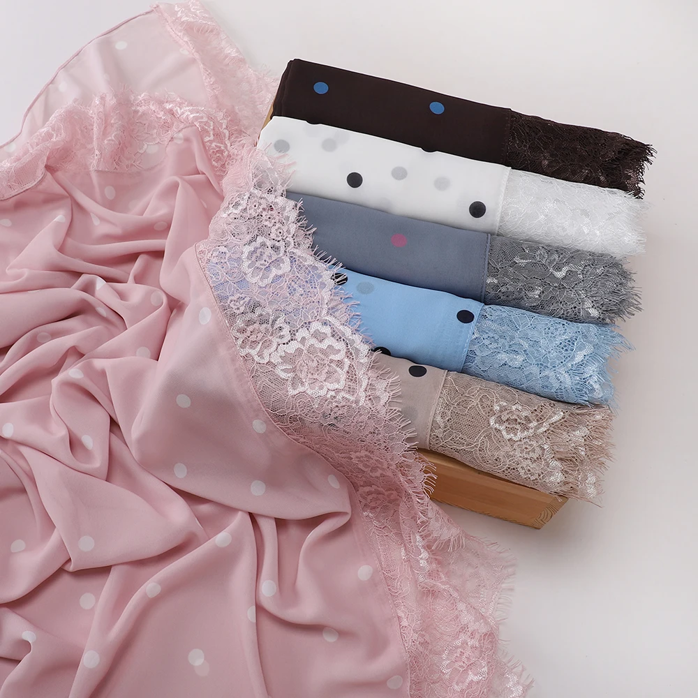 Eleganter Polka-Dot-Hijab, leichter Spitzen-Schal, Chiffon-Kopftuch, verziertes Kopftuch, klassischer Gebets-Hijab, langer Schal – Detail 12