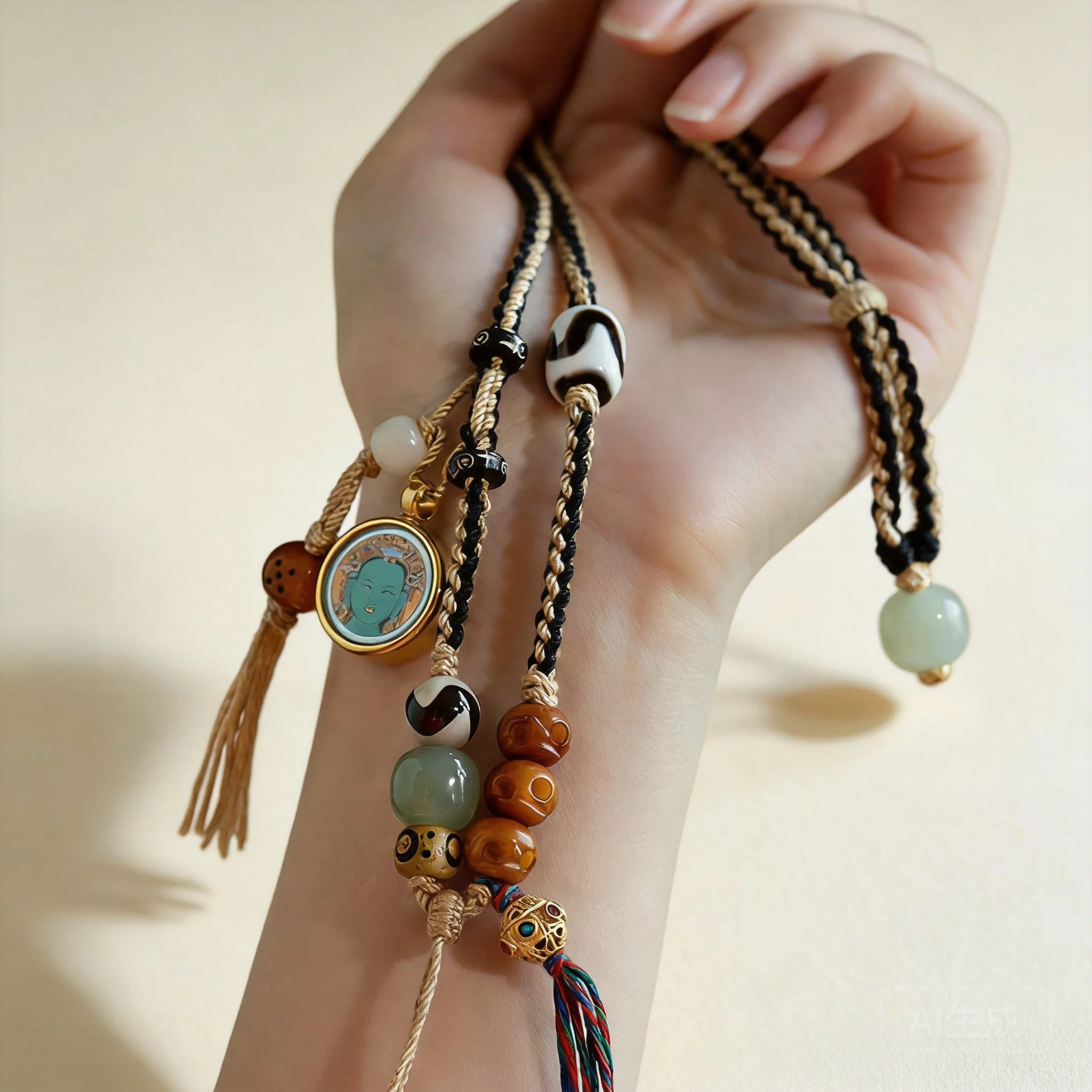 Tibetan Style Thangka Hand Woven Lucky Pendant Rope Dzi Bead Buddha Amulet Necklace Cord Cotton Braided Hanging Chain Fortune