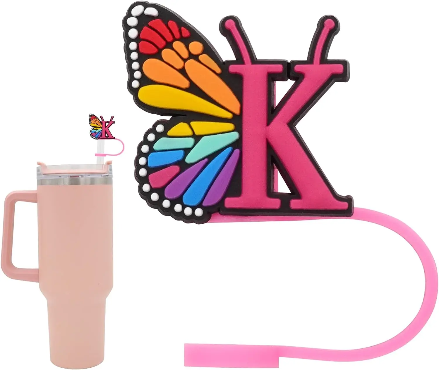 Silicone Straw Cover for Stanley Cup Initial Letter Beautiful Butterfly Style Compatible with Stanley 30 40 Oz Tumbler (K)