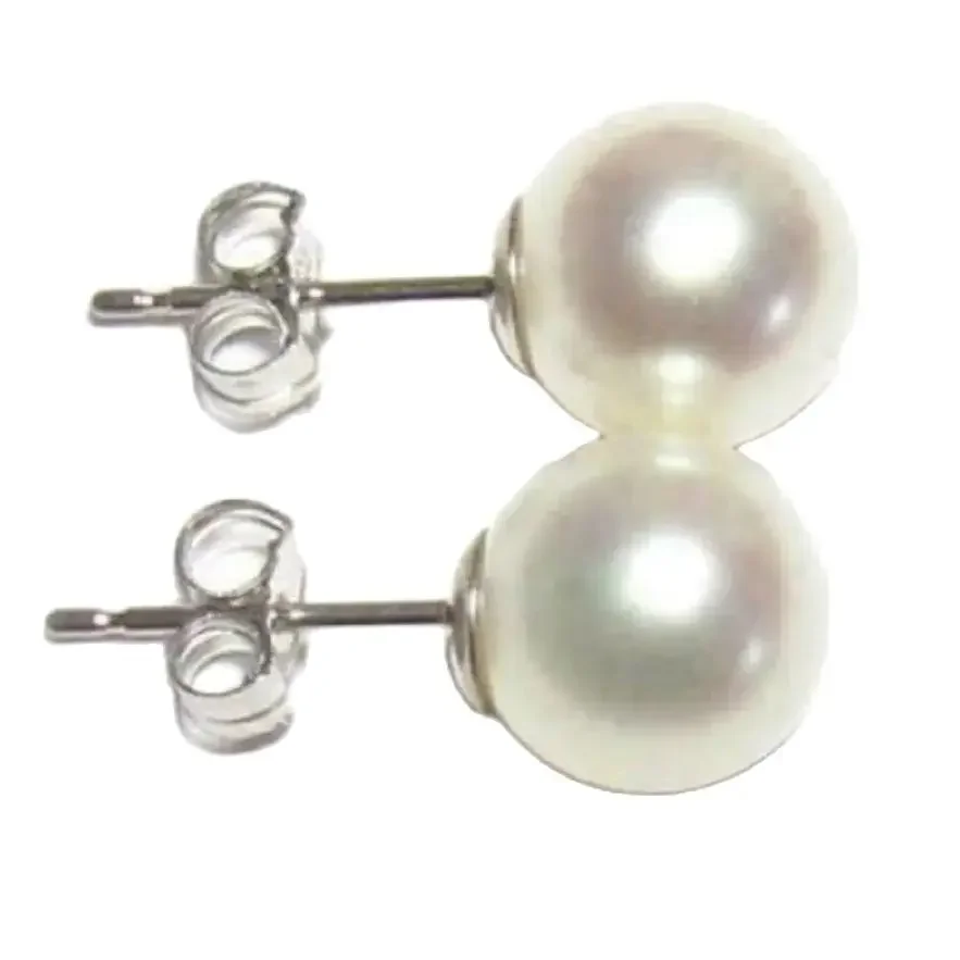 Natural Pearl Earrings AAA 9-10mm Japanese Round Pearl Earrings 14K White Gold