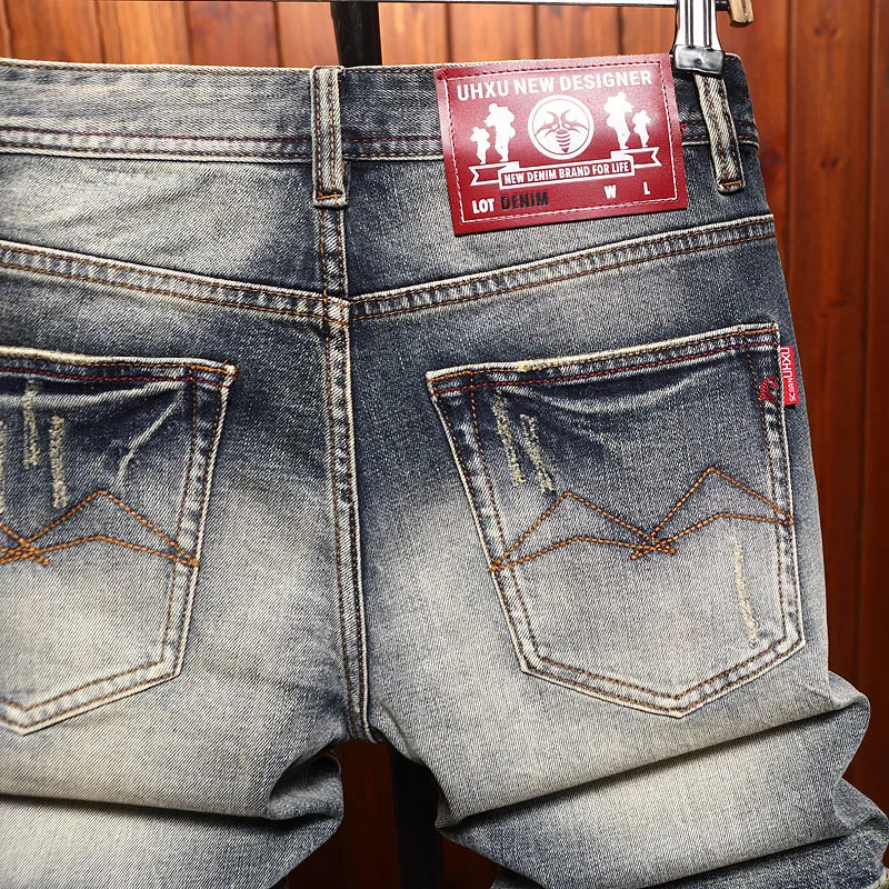 High end denim shorts for men, classic retro washed vintage fashion trend, summer casual five quarter pants