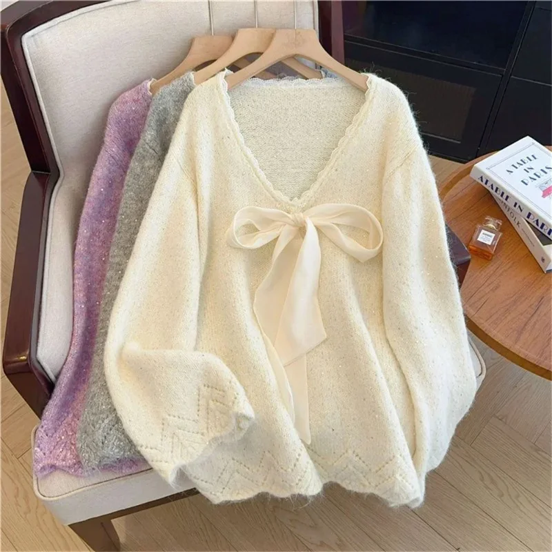 

Women Autumn Winter Mid-length Sweater Tops Elegant Ladies Pullovers French Fashion Bow Lace Spliced V-neck Sweater Clothes