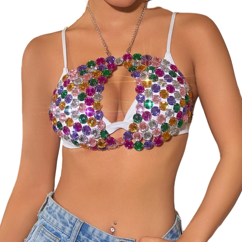 Womens Sexy Colorful Crystal Halter Top Hollowed See Through Body Chain Nightclub Beach Bras Body Jewelry