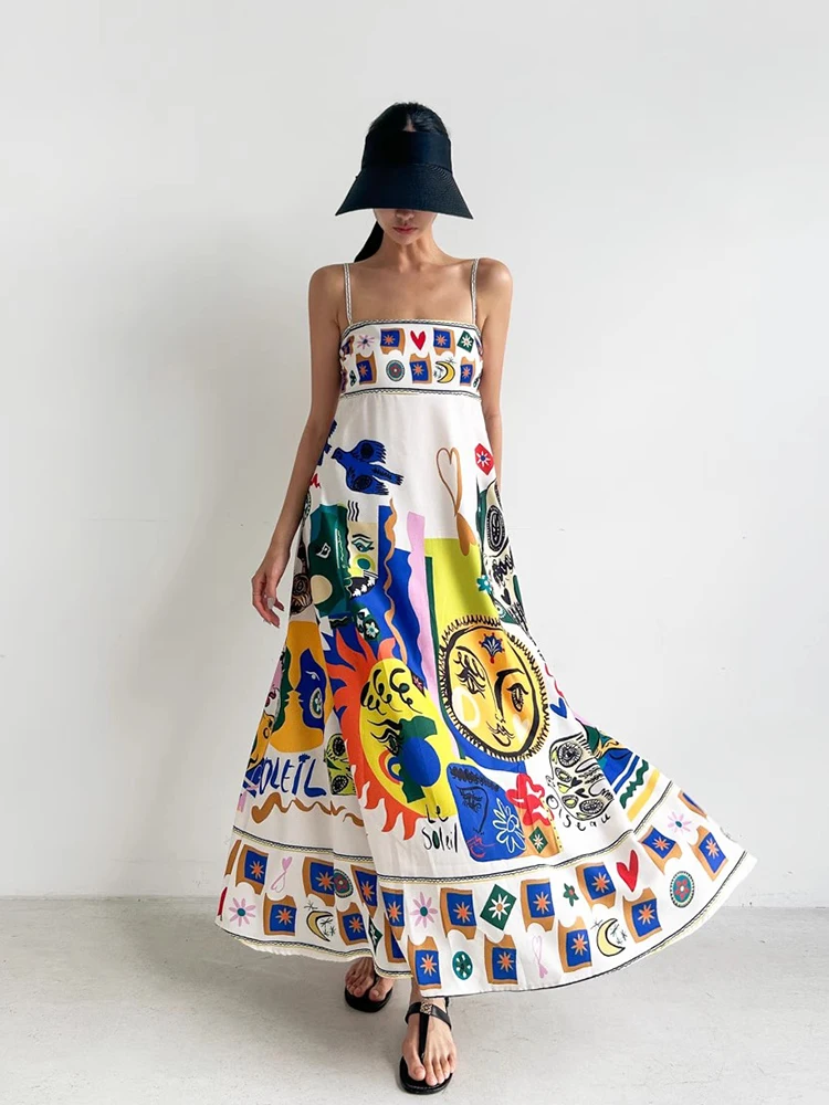 Chic Summer Vintage Holiday Sle Square Ne Abstract fiti Print Design A-Line Strapl Dr Women's High Waist No Brand