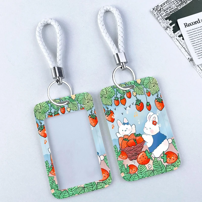 Strawberry Cute Bunny Women Badge Holder Keychain Bank Identity Bus ID Card Sleeve Case Transparent Card Holder with Lanyard