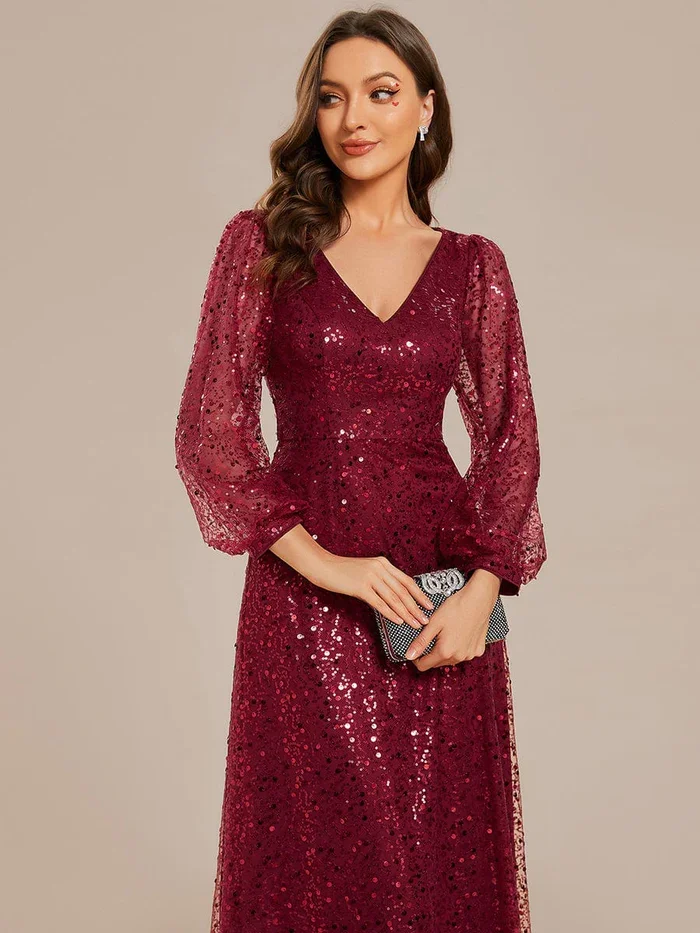 Elegant waisted chiffon Shimmering All Over V-Neck Long Lantern Sleeve Sequin A-Line Evening Dress