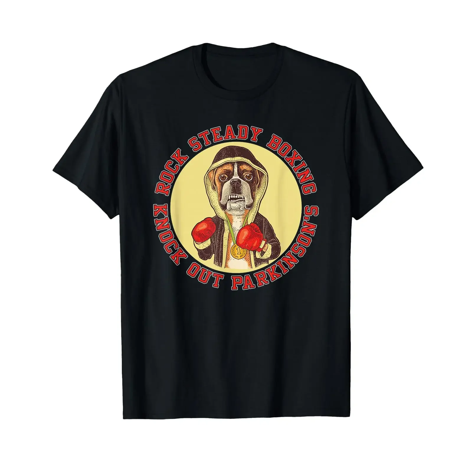 T-shirt Rock Steady Boxing Parkinson's Boxer Dog avec gants rouges, vintage, délavé, doux, mode unisexe, extensible, élégant, légèrement décontracté