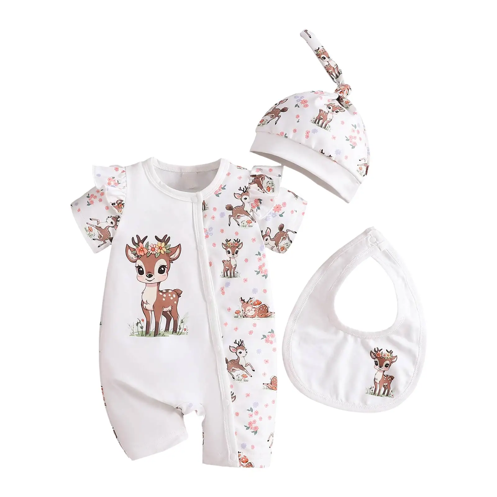 Piyama Bayi Perempuan 3-6 Bulan Baju Monyet Bayi Perempuan dengan Gambar Rusa Lucu Topi Baju Monyet Lengan Pendek Pakaian Musim Dingin Junior Anak Perempuan Remaja
