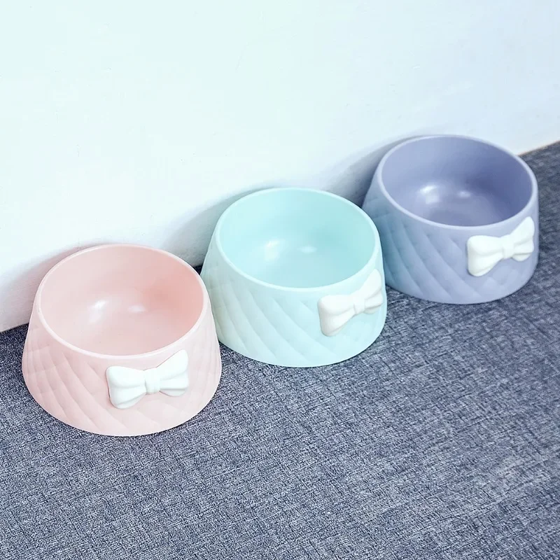 Cat Bowl Diamond Mesh pattern Bow Cute Macaron Color Pet Bowl  Puppy Multiple Colors Pet Round Individual Bowl Feed Water