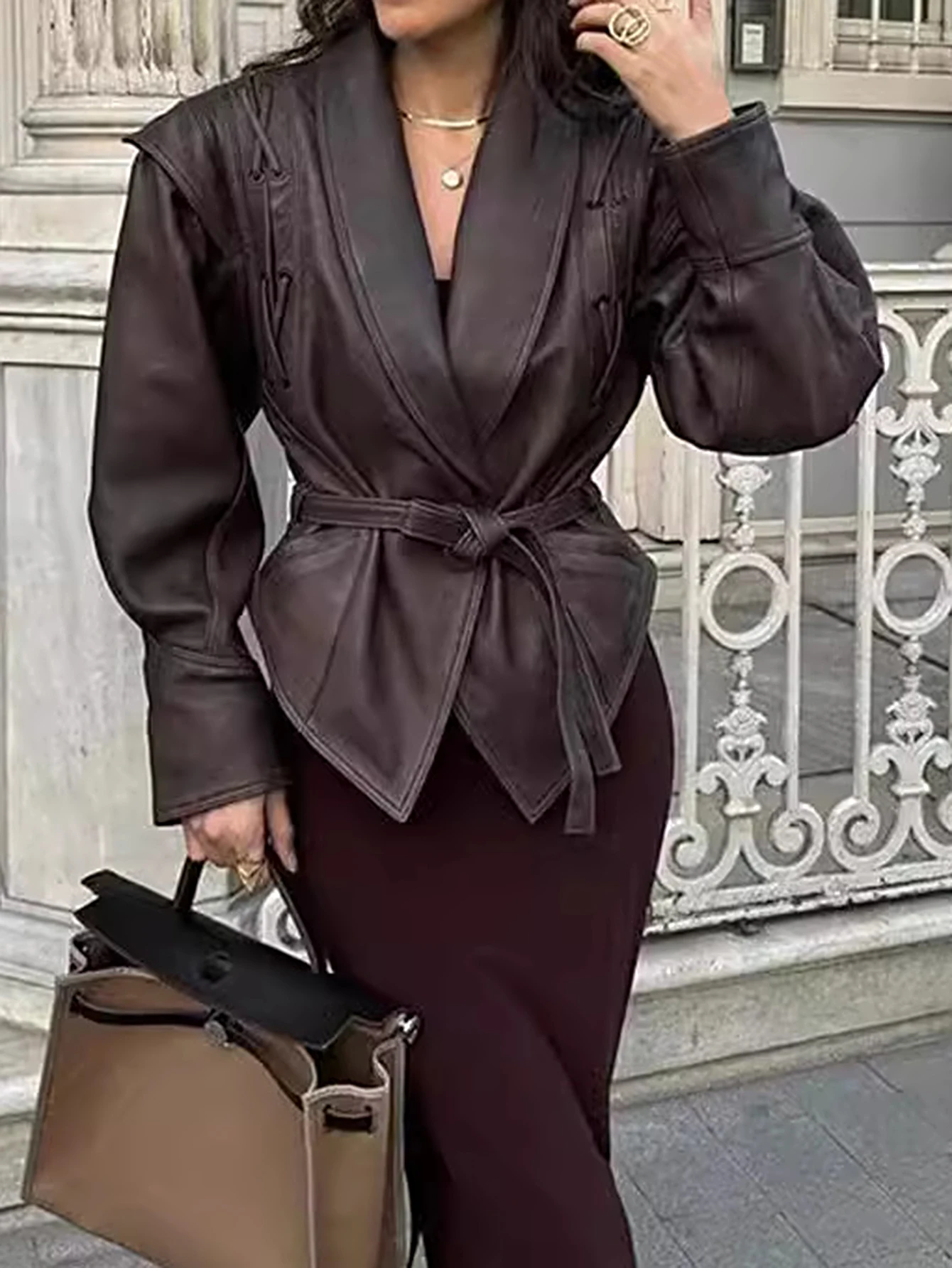 الموضة مزاجه التلبيب الدانتيل متابعة طويلة الأكمام سترة جلدية الخريف/الشتاء المرأة التنقل نمط ملابس خارجية