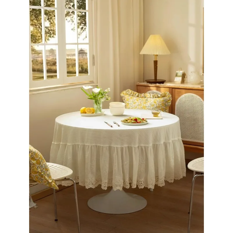 Romantic Paris round table  fabric ruffle edge retro white premium cover small round table