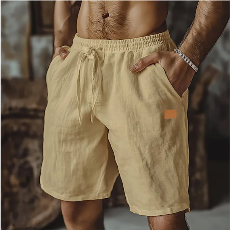 Linen Shorts Drawstring Elastic Waist Straight Legs Solid Color Breathable Daily Beach Five-point Casual Pants