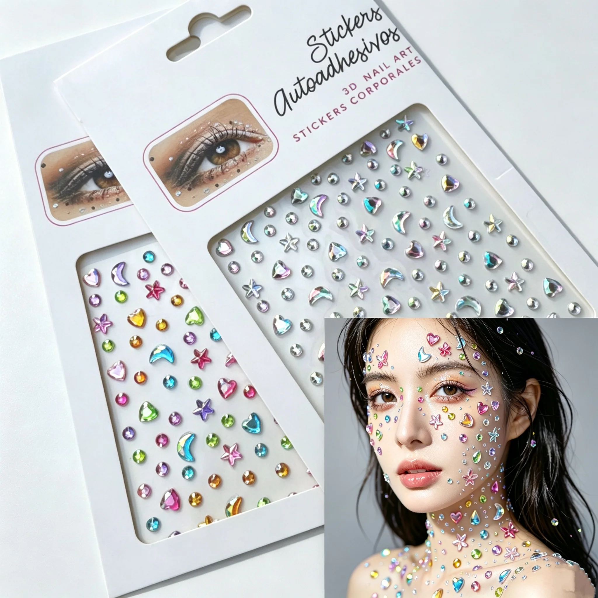 2/1Pcs Face Body Rhinestone Gem Sticker 3D Iridescent Star Moon Crystal Decals Concert Rave Show Cosplay Beauty Makeup Accessory