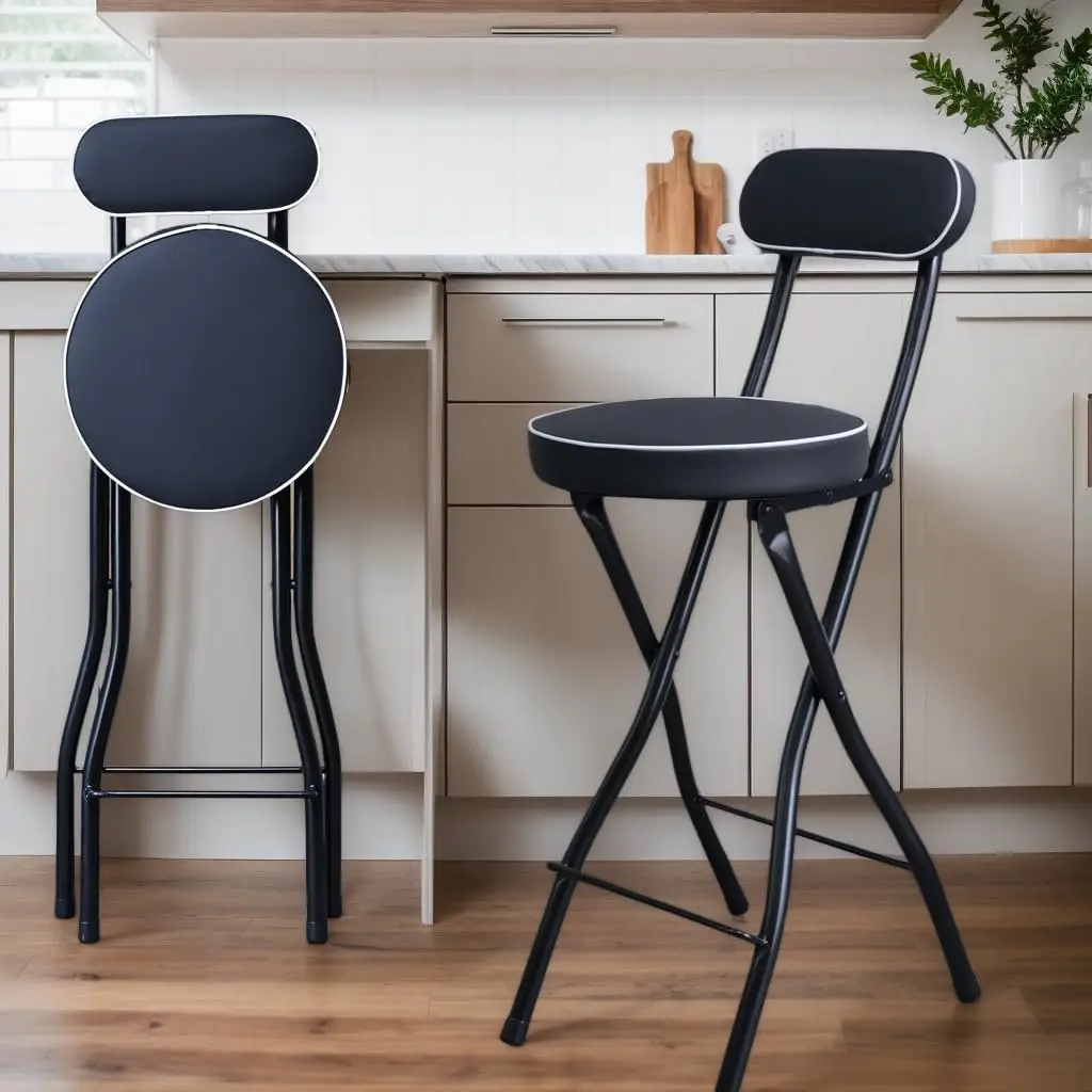 Foldable Bar Stool with Back, Tall Padded Seat, Portable Counter Height Stool for Kitchen Island - Black